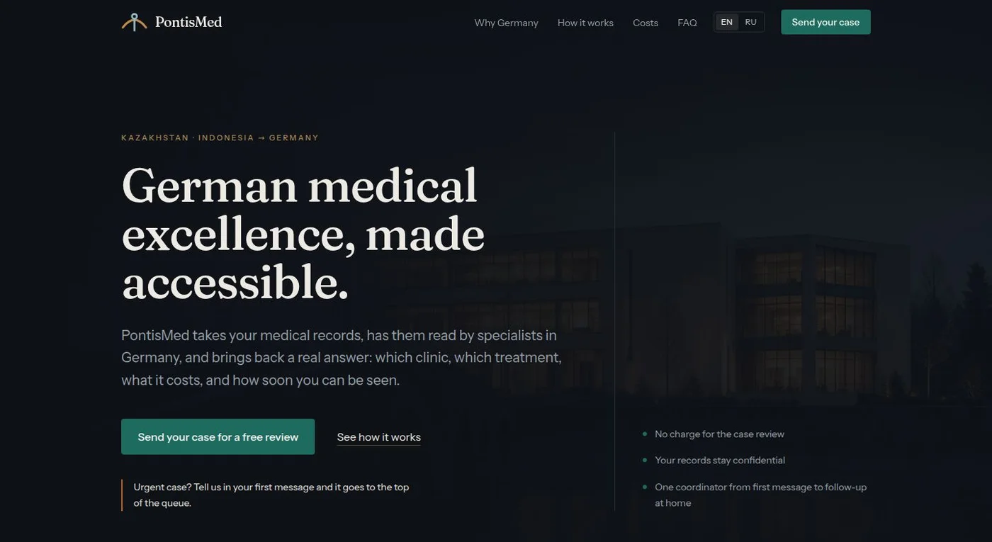 Startseite der Website von PontisMed, Vermittlung medizinischer Behandlungen in Deutschland